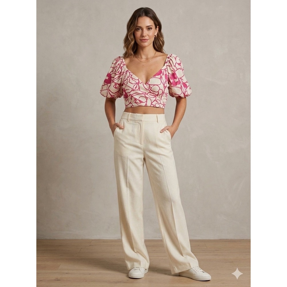 Ronny Kobo Collective Pink Floral Wrap Crop Top Puff Sleeve Size 6